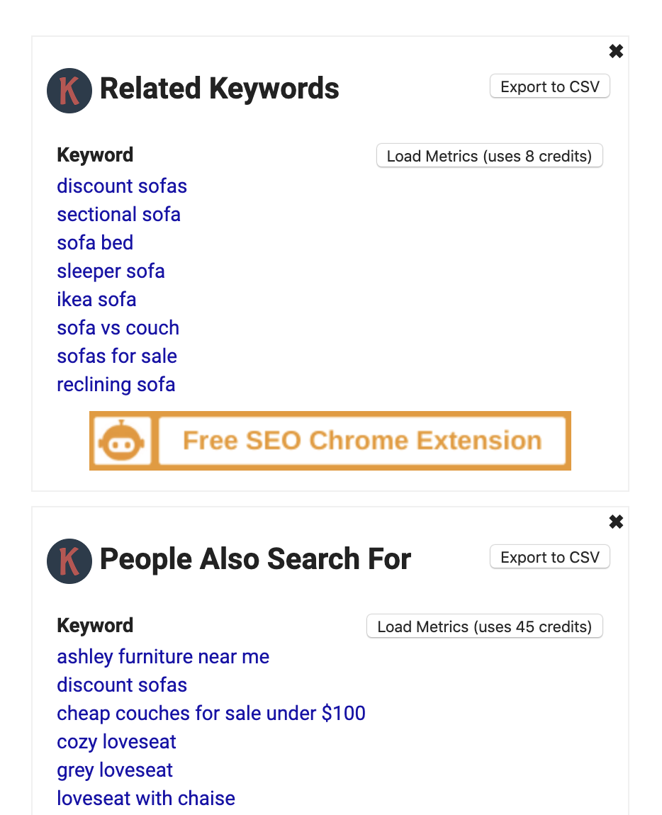 Sample of related keywords for a search