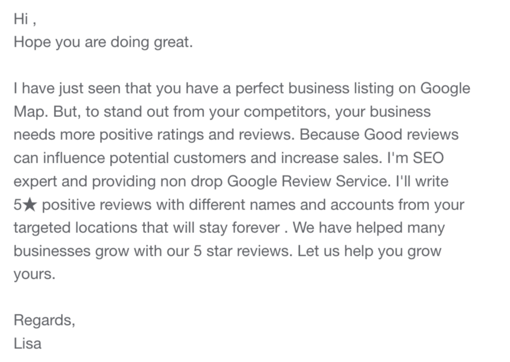 Screenshot of email soliciting fake Google reviews
