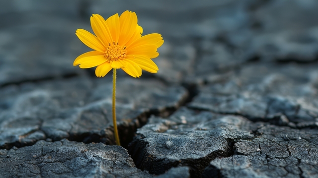 A yellow daisy popping up through crack in street.