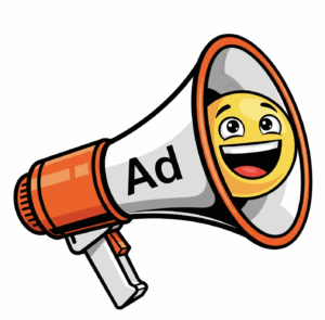Ad bullhorn with happy emoji