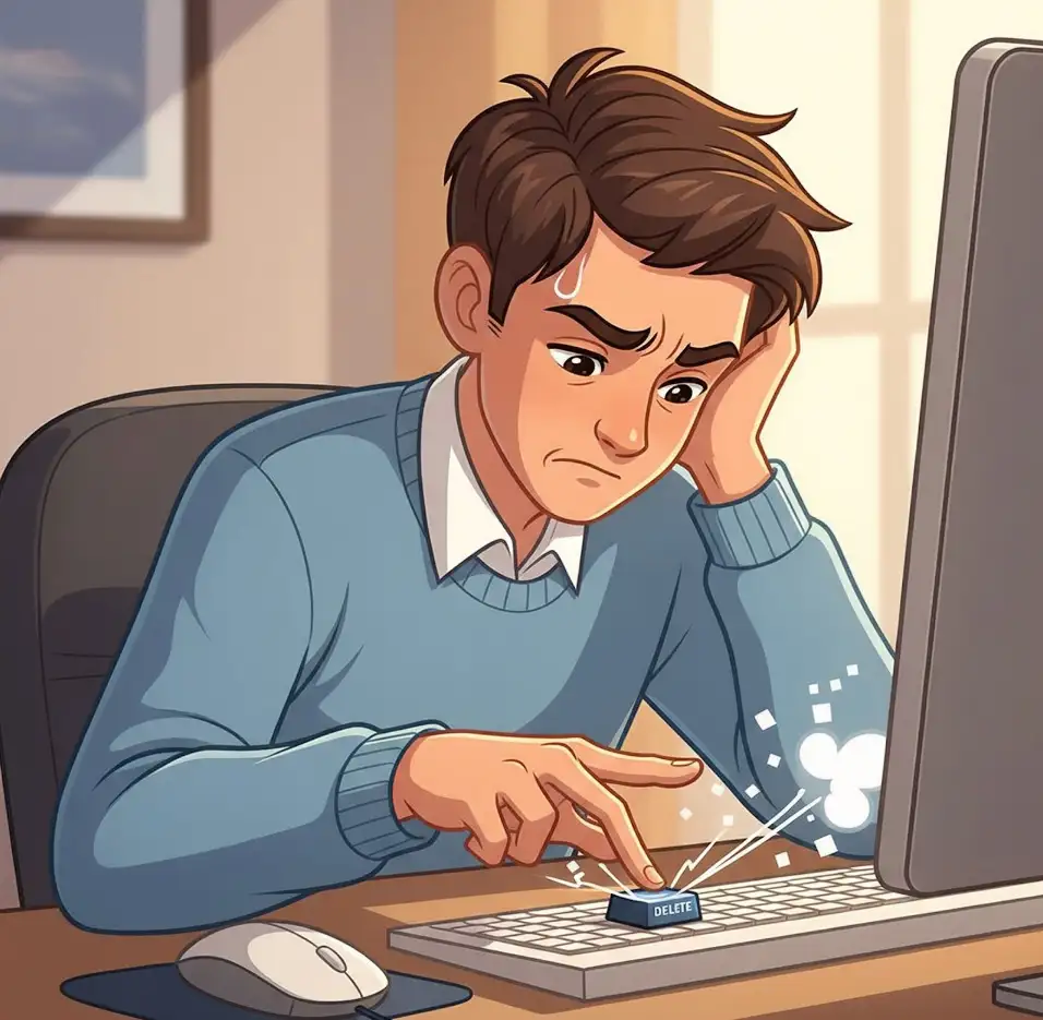 Illustration of man hitting the delete key on a computer keyboard