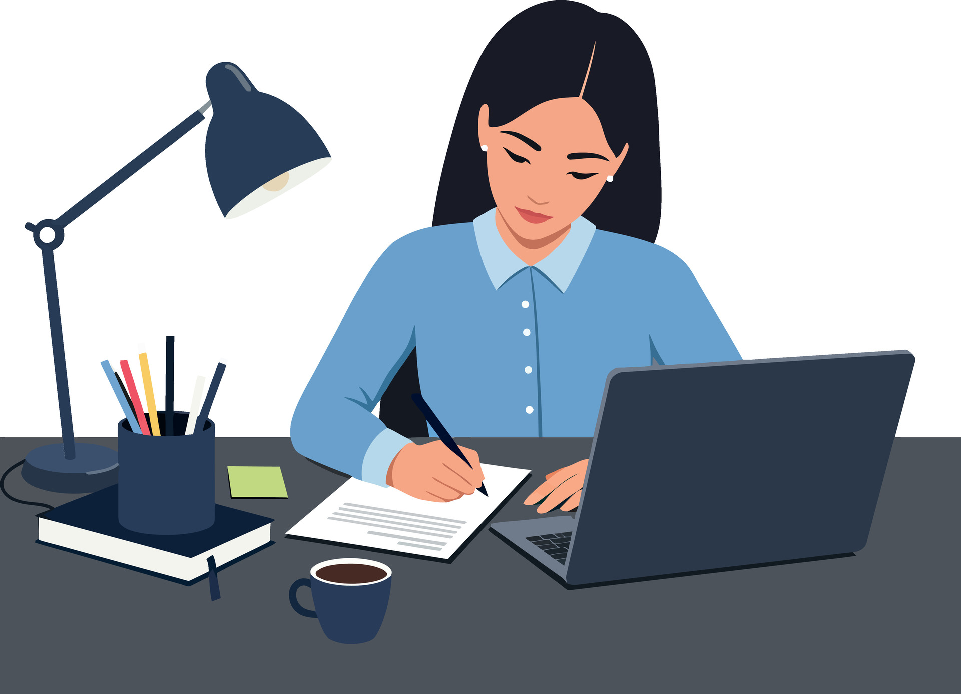 Woman in blue sweater writing with laptop open