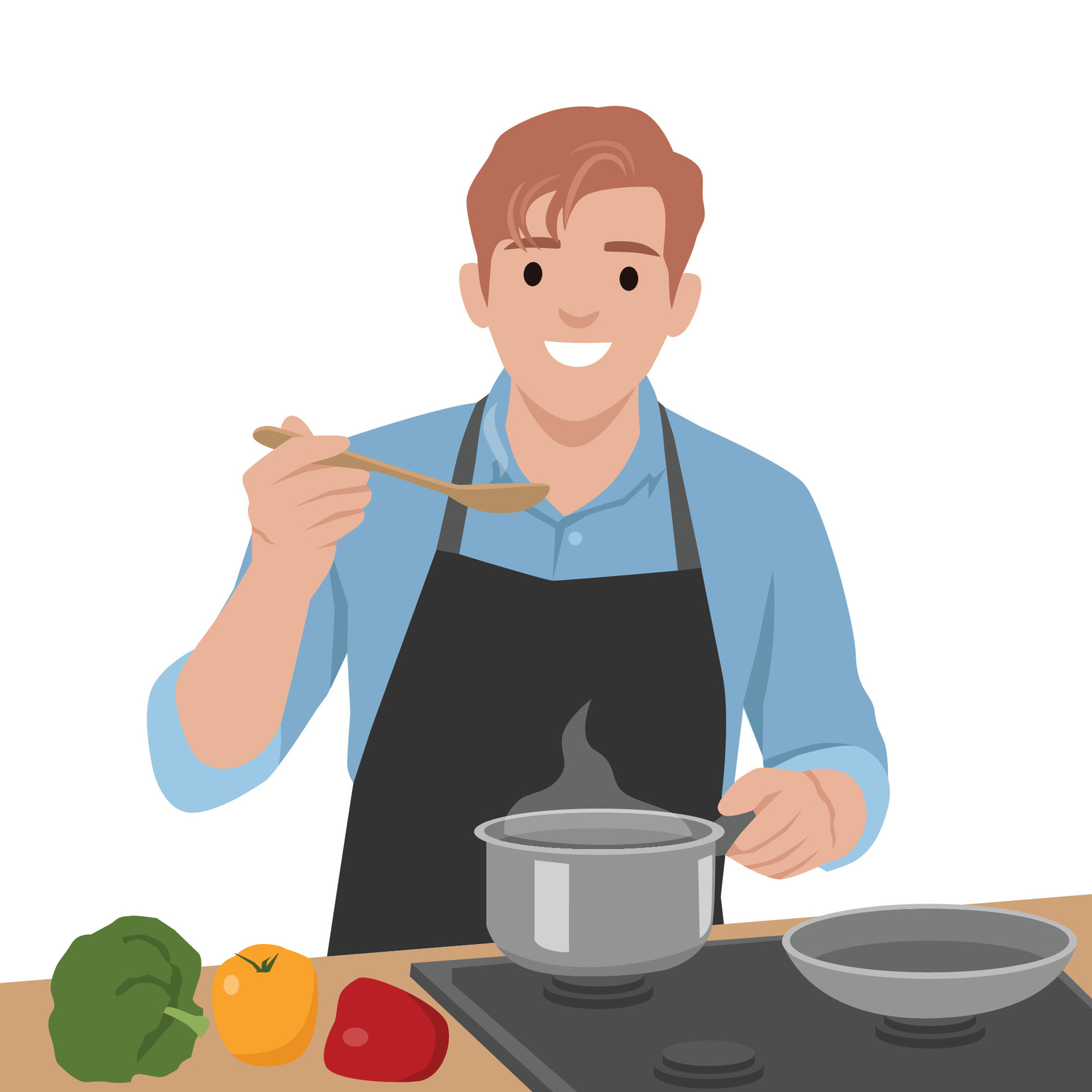 Illustration of young man tasting something on a spoon with a steaming pot on the stove and vegetables on the counter.