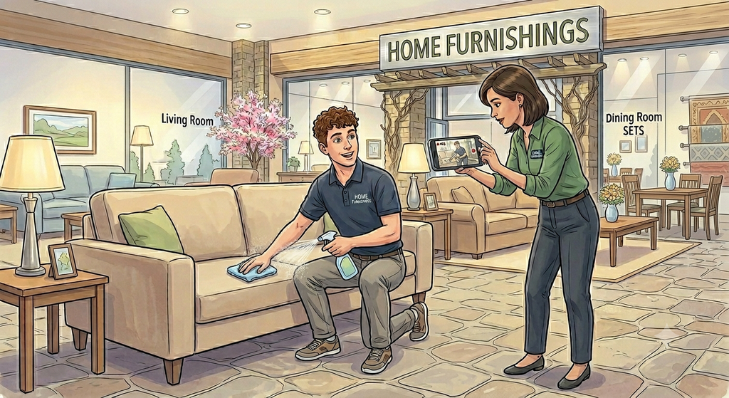 Three legged man cleaning couch while woman takes a video.