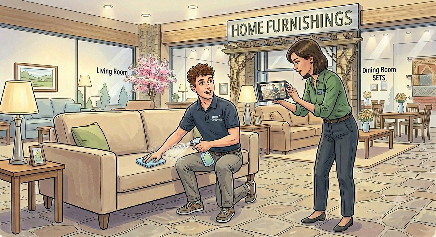 Three-legged man cleans couch while woman takes a video